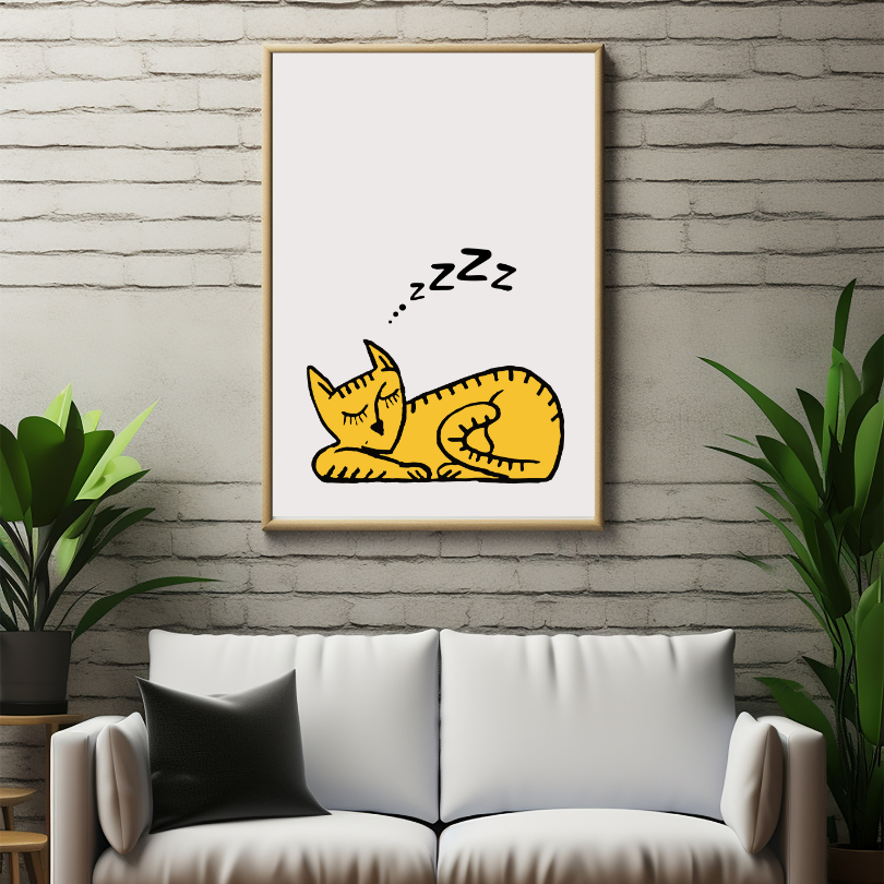 Sleeping Cat Wall Art PRINTABLE ART, Cat Artwork, Alternative Home Decor, Animal Poster, Minimalist Eclectic Decor, Beige Yellow Wall Art - AlloFlare