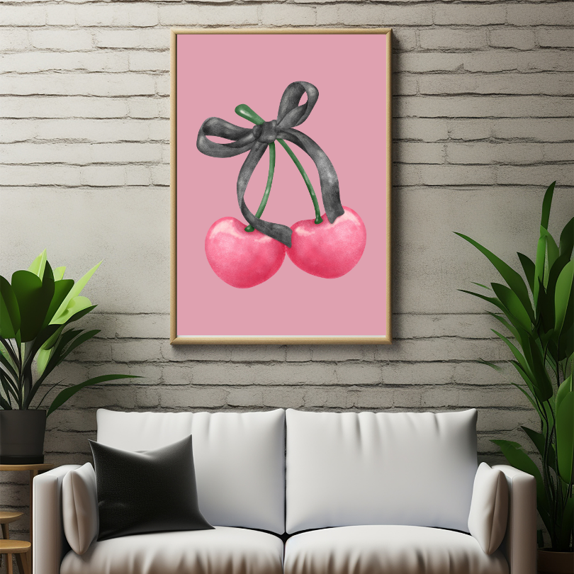 Pink Ribbon On Cherries Wall Art PRINTABLE ART, Pink Wall Art, Watercolor Wall Art, Preppy Room Decor, Girly Decor, Preppy Posters - AlloFlare