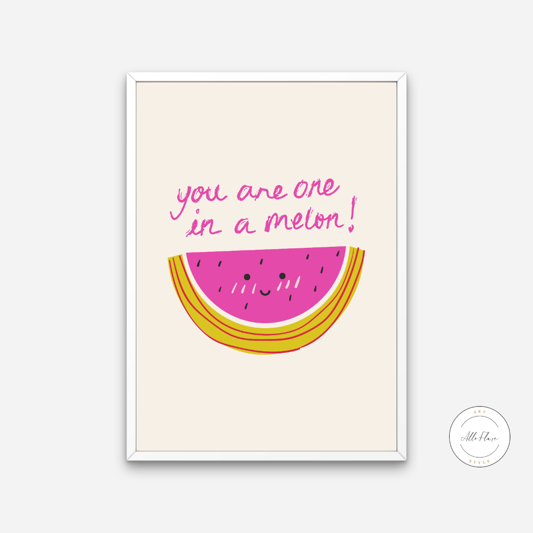 You Are One In A Melon Watermelon Wall Art PRINTABLE ART, Preppy Posters, Watermelon Printable, Beige Pink Yellow Wall Art, Inspirational Poster, Food Art - AlloFlare