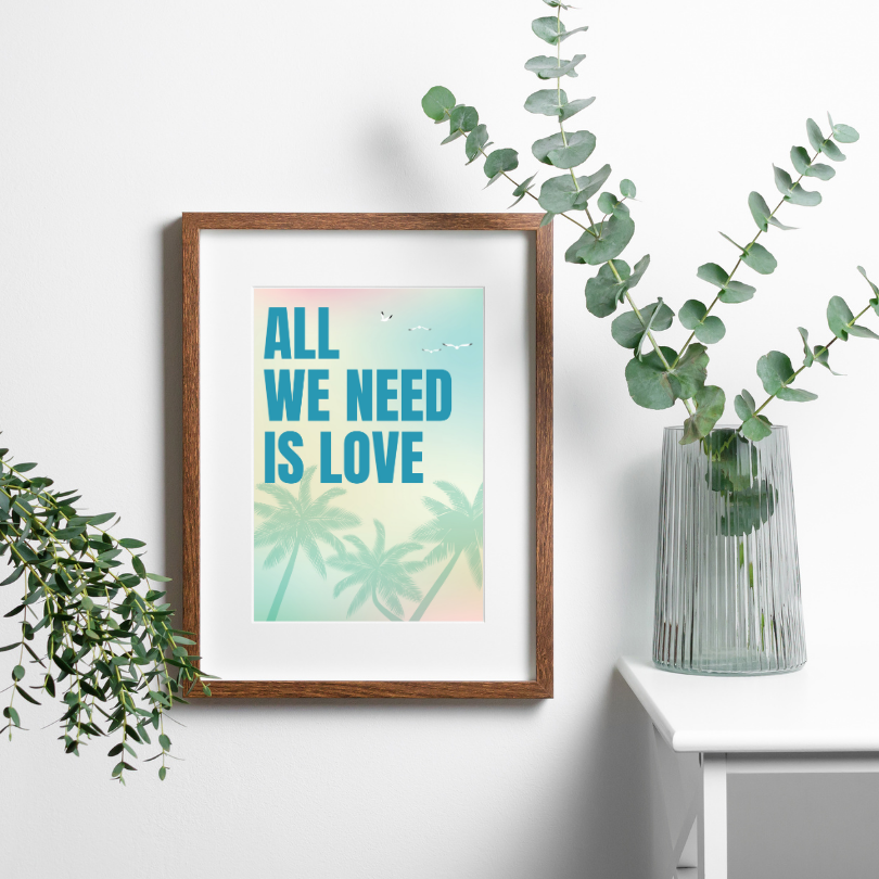 All We Need Is Love Pastel Tropical Wall Art PRINTABLE ART, Danish Pastel Decor, Coastal Decor, Typography Poster, Endless Summer Posters, Palm Trees - AlloFlare
