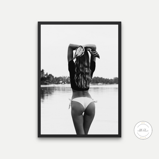 Black & White Bikini Model Poster PRINTABLE WALL ART, Surfer Girl Picture, Summer Print, Beach Wall Art, Black and White Photography Prints - AlloFlare
