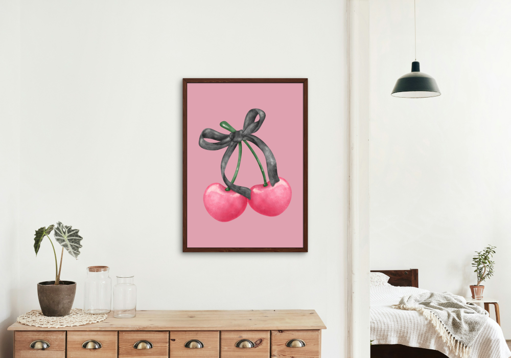 Pink Ribbon On Cherries Wall Art PRINTABLE ART, Pink Wall Art, Watercolor Wall Art, Preppy Room Decor, Girly Decor, Preppy Posters - AlloFlare