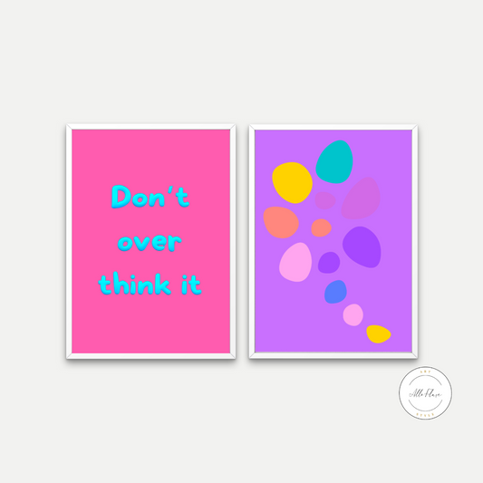 Don't Over Think It Balloon Font Flower Poster Set of 2 PRINTABLE ART, Bright Pink Blue Purple Wall Art, Preppy Posters, Balloon Letters Font, Blobs Art - AlloFlare