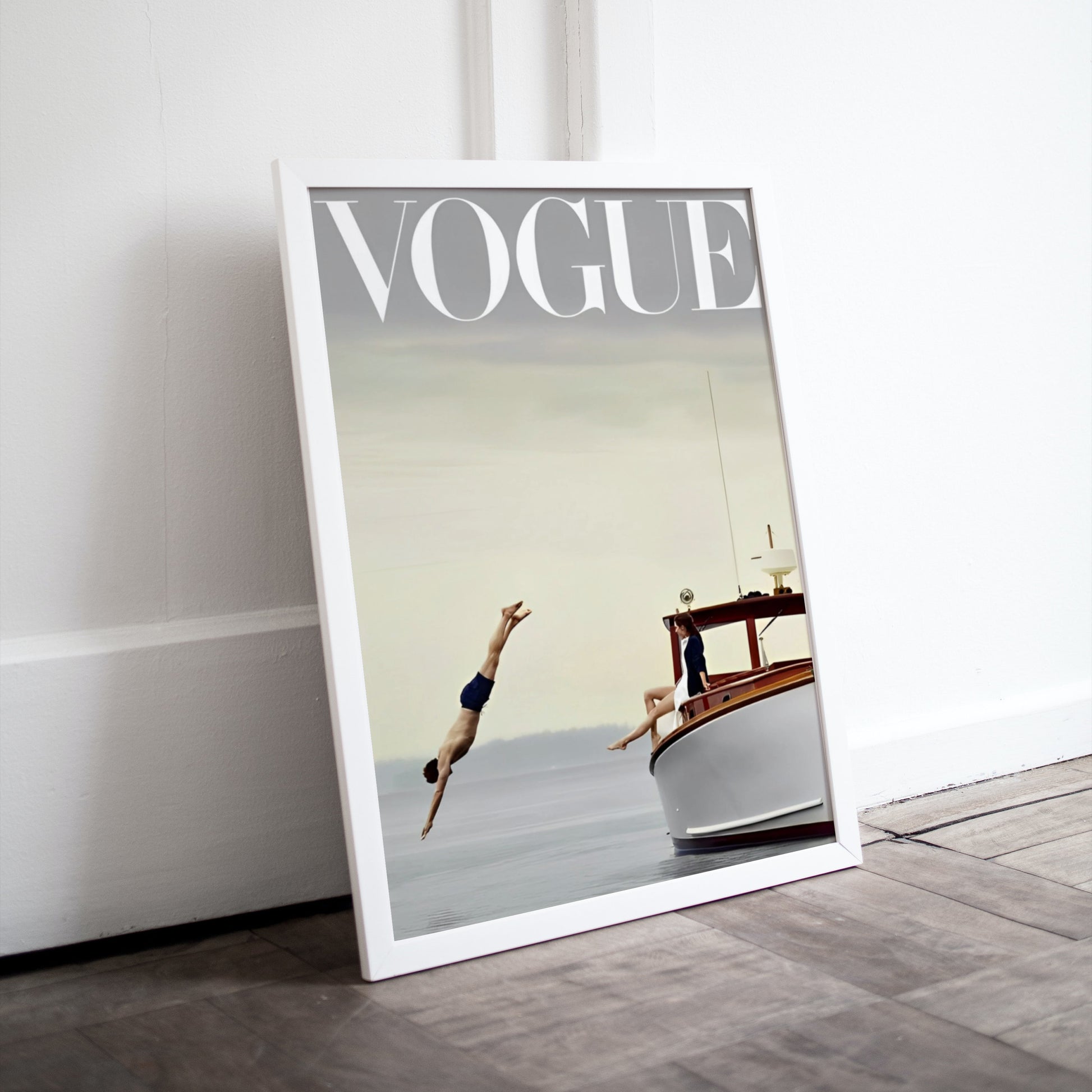 Vogue Poster INSTANT DOWNLOAD, Fashion wall art, Luxury Fashion poster, Editorial print, Man jumping boat, Pastel decor, Fashion Magazine