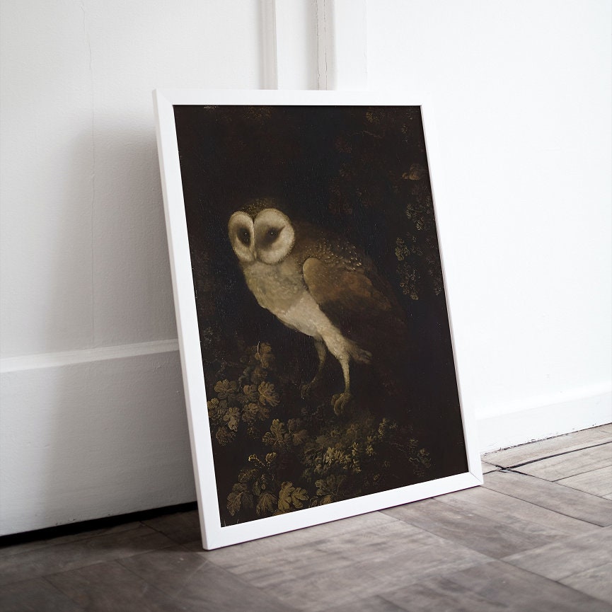 Antique Owl Painting INSTANT DOWNLOAD, Dark Academia Wall Art, Vintage decor, Moody Rustic Bird Print, Moody Owl Art Print, Dark Cottagecore