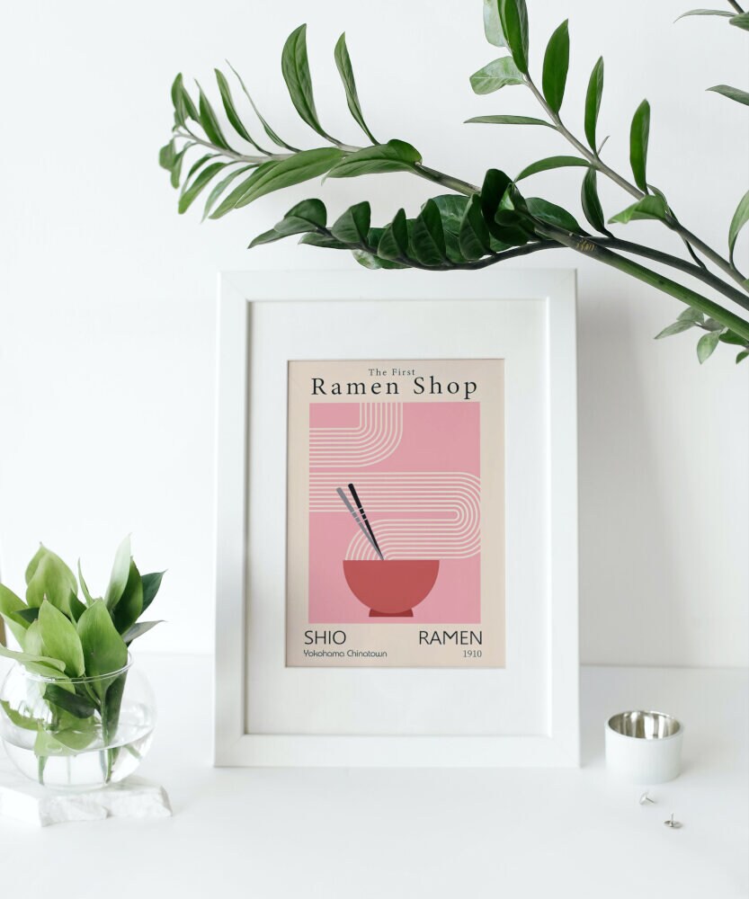 Retro Japanese Ramen Art PRINTABLE, Japanese Food Posters for Wall, Abstract Aesthetic, Vintage Boho Line Art Print, Pink Ramen Picture