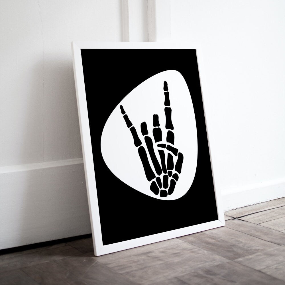 Skeleton Rock Horns Black & White Poster INSTANT DOWNLOAD, Musician Gift, Guitar pick, Rock Poster, Punk rock, Skeleton Rock Hand Silhouette