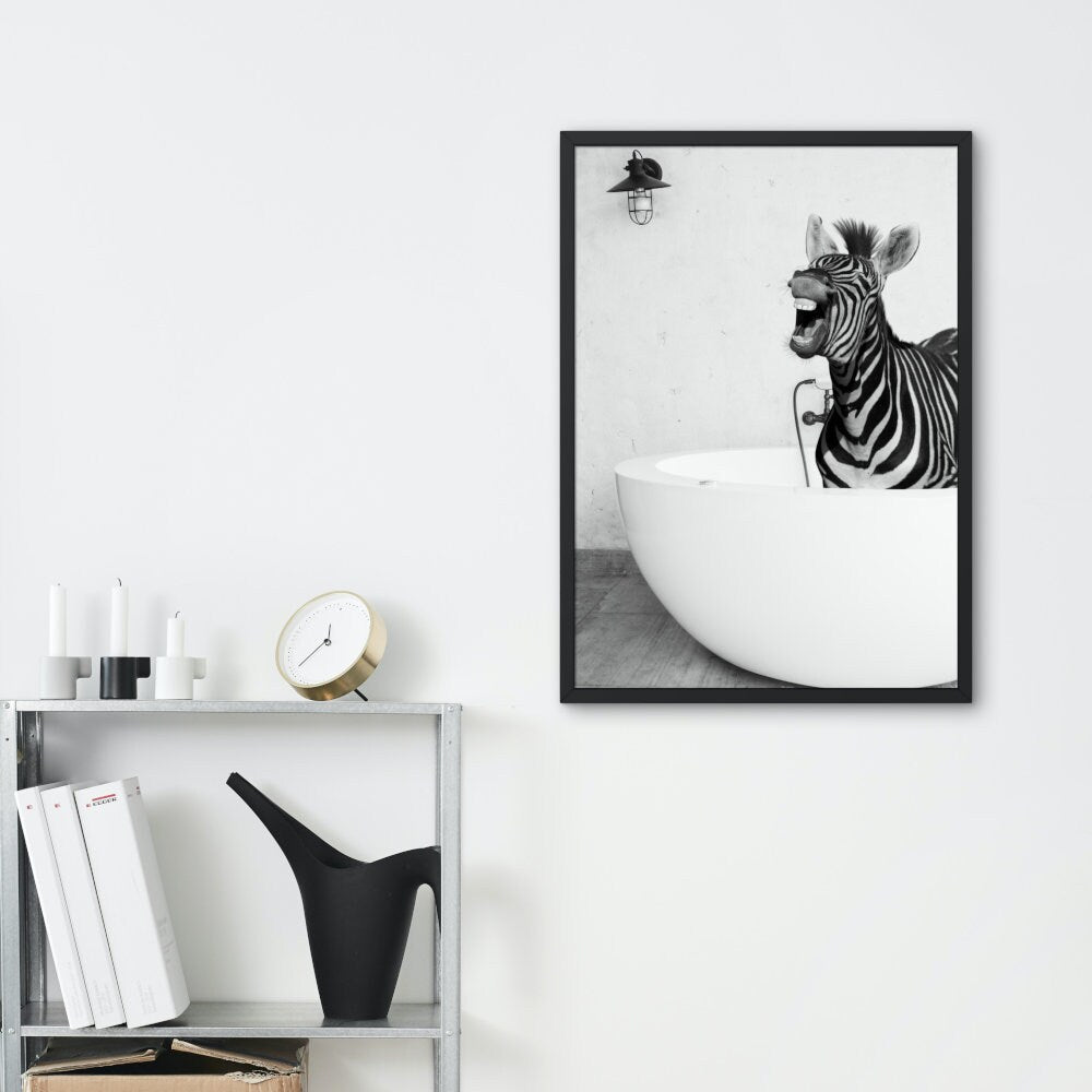 Zebra in Bathtub Black and White DIGITAL PRINT, zebra wall art, Bathroom Art Print, black & white glam decor, safari animal, Funny artwork