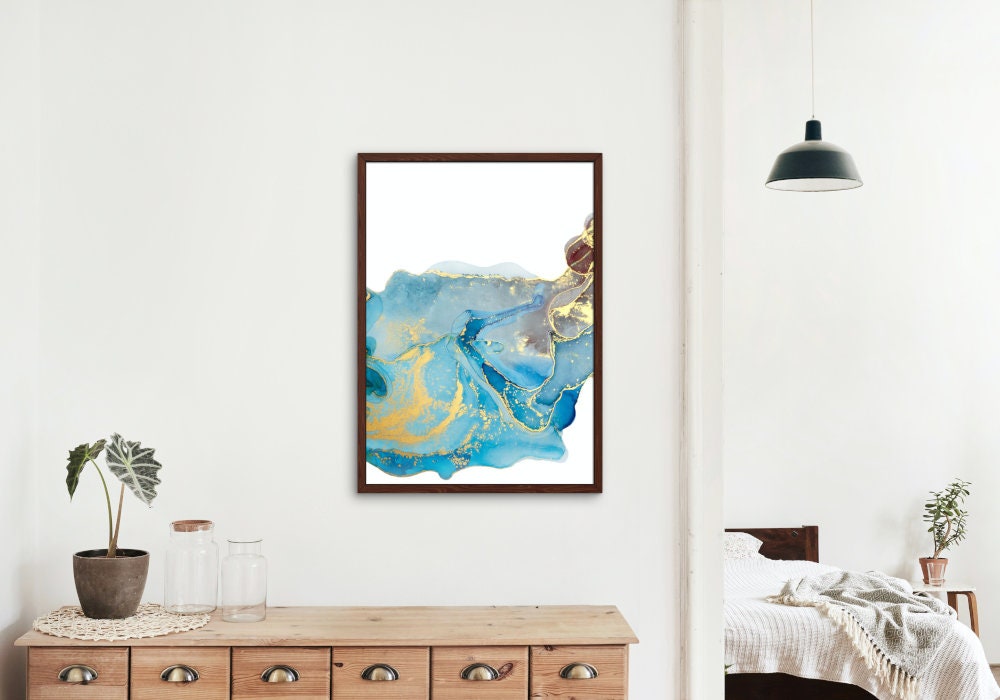 Coastal Abstract Wall Art INSTANT DOWNLOAD, beachy decor, ocean resin, Turquoise surfer room décor, resin ocean art, 70s style poster, Gold