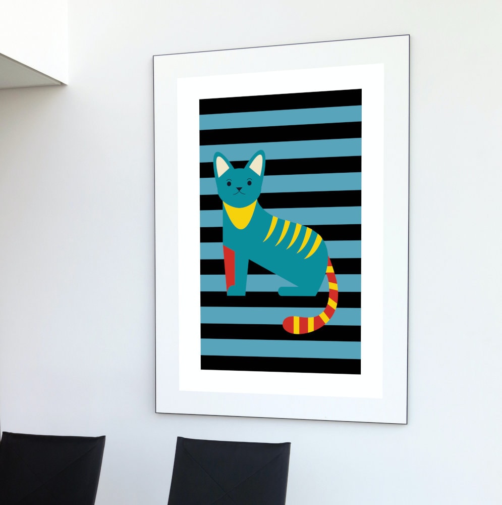 Bauhaus Cat Poster DIGITAL PRINT, cat artwork, Exhibition Wall Art, bauhaus decor, teal One Piece Poster, bauhaus print, cat themed gifts
