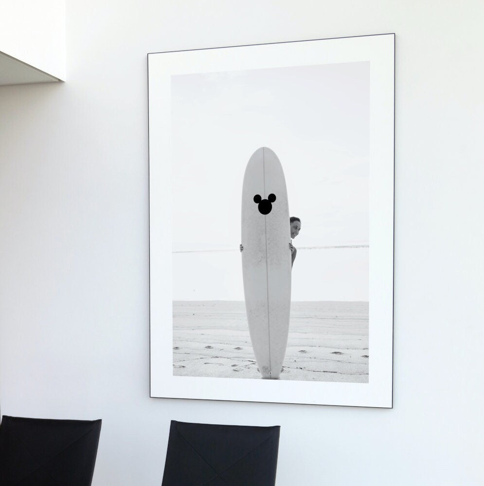 Black and White Mouse Ears Surfboard Print DIGITAL DOWNLOAD, designer poster, black and white wall art, surf board art, beachy wall decor