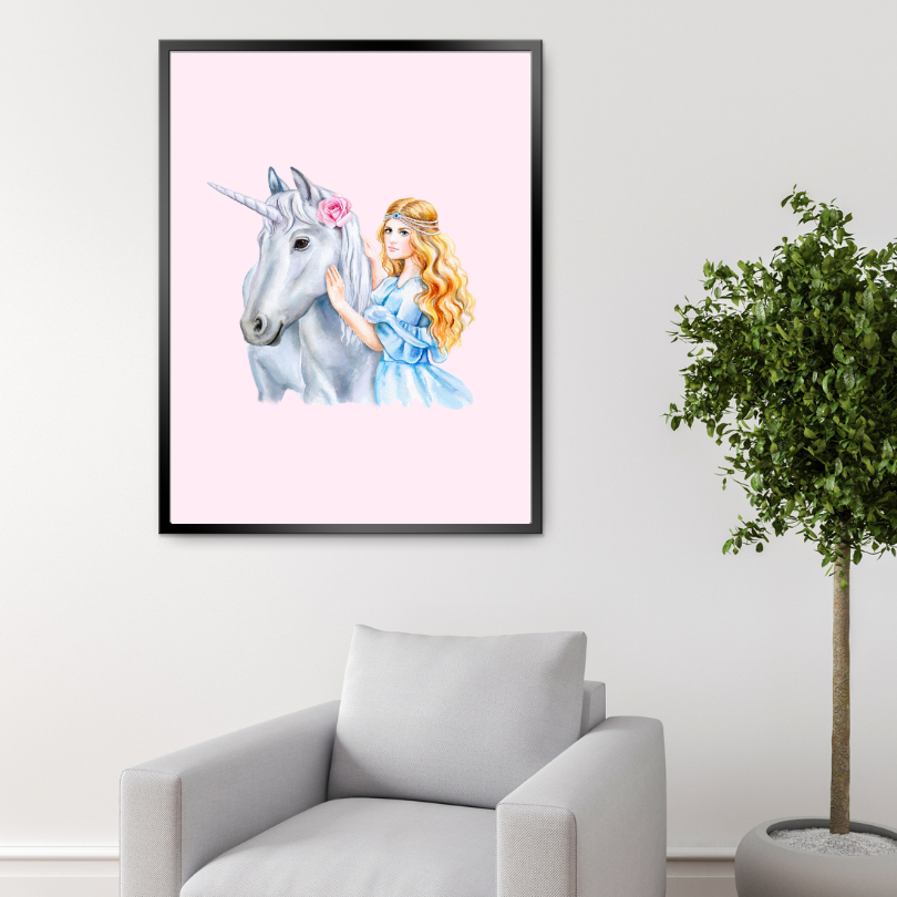 Princess and Unicorn Poster PRINTABLE ART, Light Pink Wall Art, Girls Room Wall Decor, Children Poster, Princess Art, Unicorn Wall Art