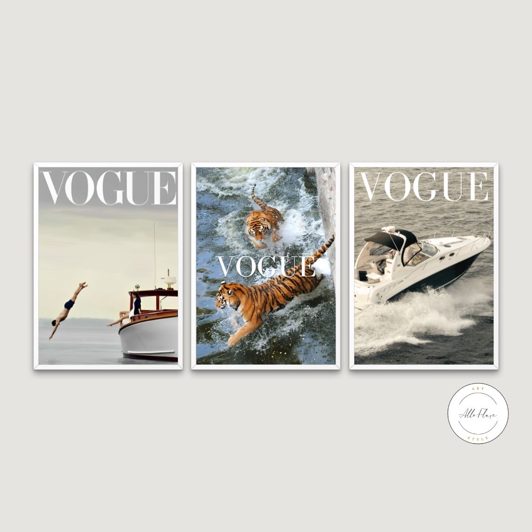 Set of 3 Coastal Vogue Posters PRINTABLE WALL ART, Fashion Posters, Coastal Aesthetics, Fashion Wall Art, Neutral Wall Art, Magazine Posters, Tigers Print