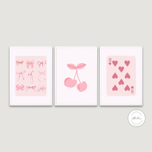 Pink Preppy Wall Art Set Of 3 PRINTABLE ART, Coquette Wall Decor, Light Pink Wall Art, Dorm Preppy Art Print, Cherry Bow Playing Card Print