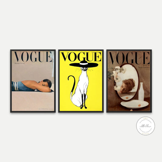 Set of 3 Vintage Vogue Posters PRINTABLE ART, Vintage Magazine Art Cover, Glamour Art, Luxury Fashion Wall Art, Retro Magazine Posters, Yellow Brown Beige Decor