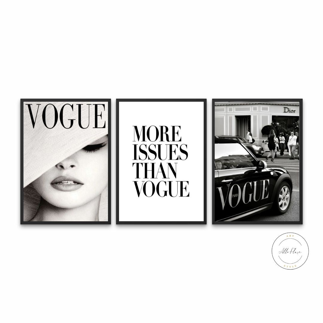 Set Of 3 Vogue Black And White Posters PRINTABLE ART, Classy Wall Art, Glam Decor, More Issues Than Vogue, Brigitte Bardot, Cooper, Fashion Wall Art