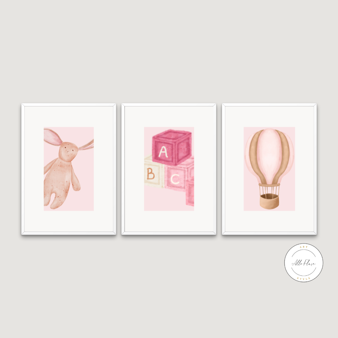 Nursery Pastel Pink Set of 3 Prints PRINTABLE ART, Wall Decor Childrens Room, Blocks Balloon Bunny Posters, Pastel Wall Art, Nursery Decor