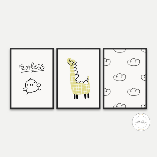 Nursery Beige and Black Drawing Set of 3 Prints PRINTABLE ART, Wall Decor Childrens Room, Chick Cloud Giraffe Posters, Neutral Wall Art, Nursery Decor Wall Art