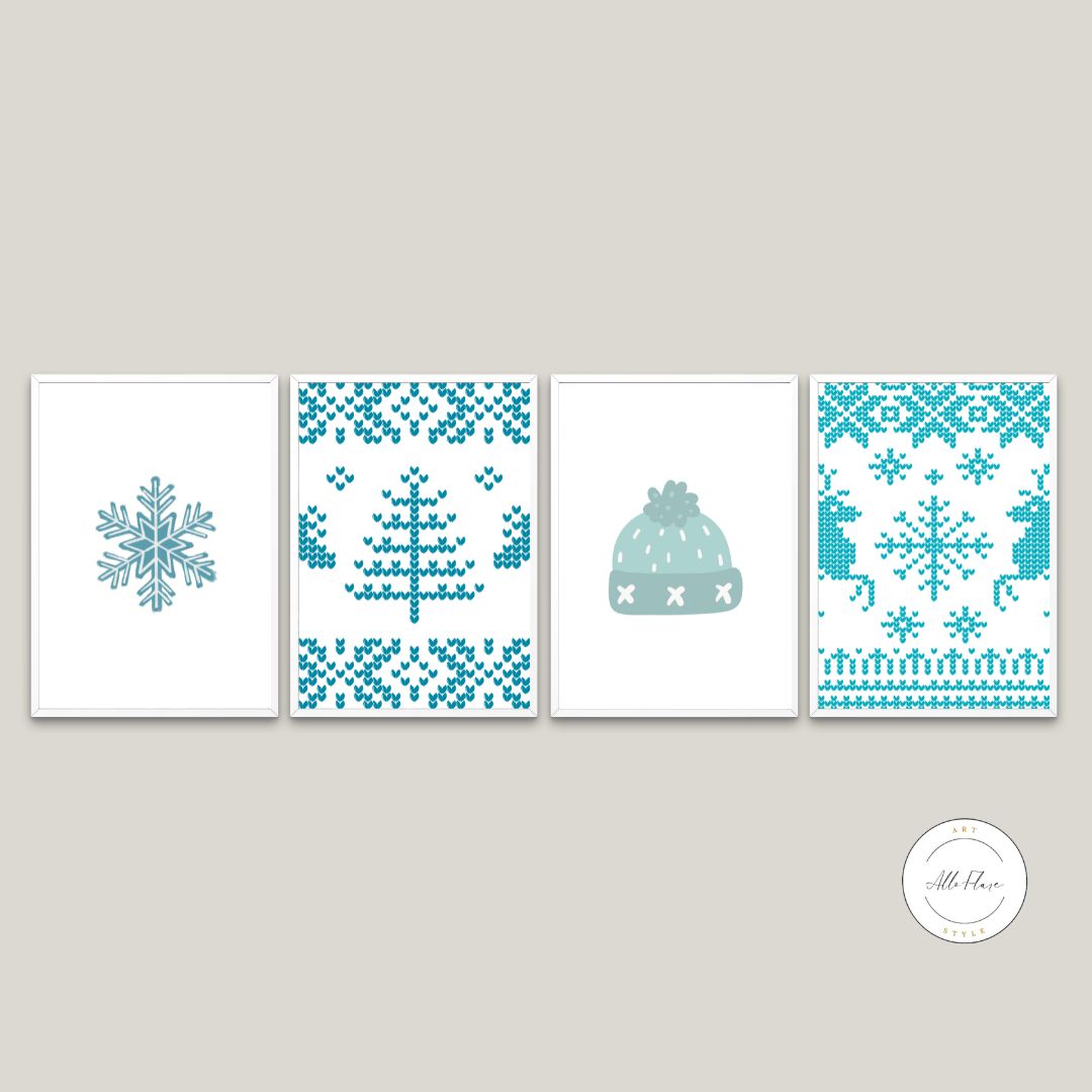 Magical Christmas Winter 4 Piece Wall Art INSTANT DOWNLOAD Art Prints, Blue Turquoise Teal Aesthetics, Winter Wall Art Set, Snowflake Wall Art, Christmas Tree Reindeer