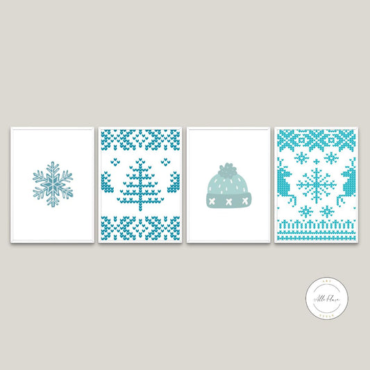 Magical Christmas Winter 4 Piece Wall Art INSTANT DOWNLOAD Art Prints, Blue Turquoise Teal Aesthetics, Winter Wall Art Set, Snowflake Wall Art, Christmas Tree Reindeer