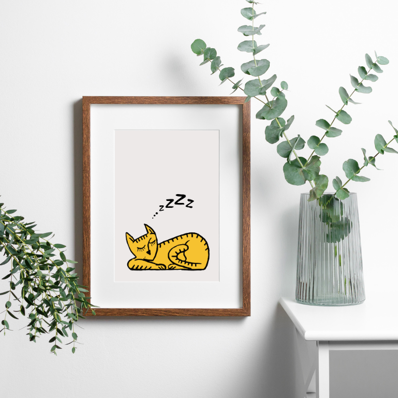 Sleeping Cat Wall Art PRINTABLE ART, Cat Artwork, Alternative Home Decor, Animal Poster, Minimalist Eclectic Decor, Beige Yellow Wall Art - AlloFlare