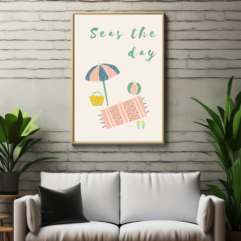 Seas The Day Beach Pastel Wall Art PRINTABLE ART, Danish Pastel, Coastal Decor, Endless Summer Posters, Beach Illustration, Inspirational Poster - AlloFlare