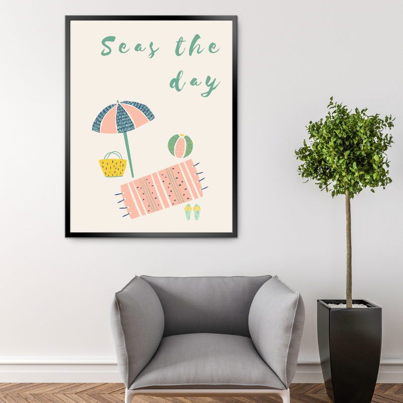 Seas The Day Beach Pastel Wall Art PRINTABLE ART, Danish Pastel, Coastal Decor, Endless Summer Posters, Beach Illustration, Inspirational Poster - AlloFlare