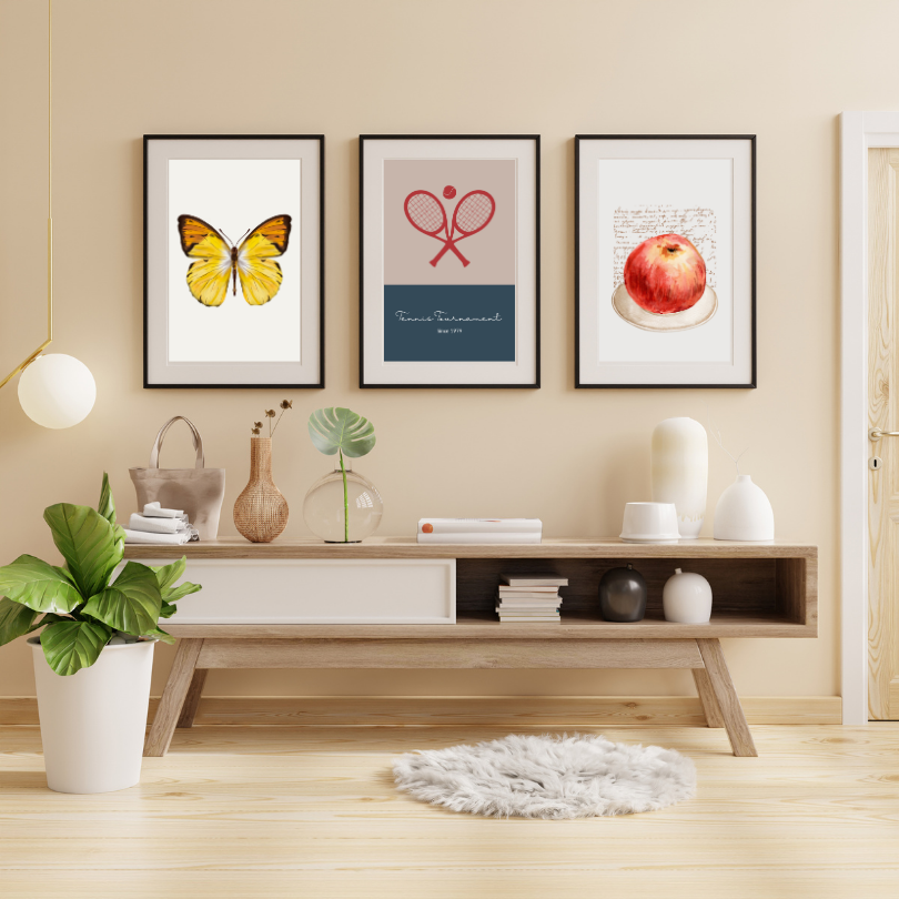 Vintage Gallery Wall Set Of 6 PRINTABLE WALL ART, Vintage Botanical Wall Art, Vintage Airplane Poster, Tennis Wall Art, Butterfly Records, Beige Wall Art - AlloFlare
