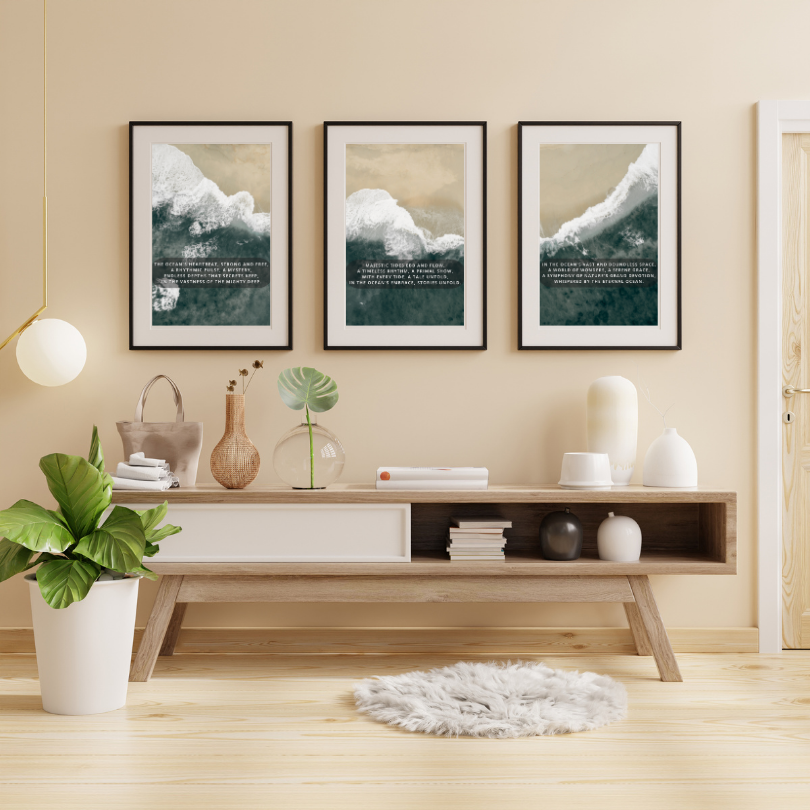 Triptych Ocean Wall Art INSTANT DOWNLOAD Art Prints, Aerial Beach Prints, Poetry Posters, Coastal Decor, Dark Green Beige Wall Art, Triptych Canvas Prints - AlloFlare