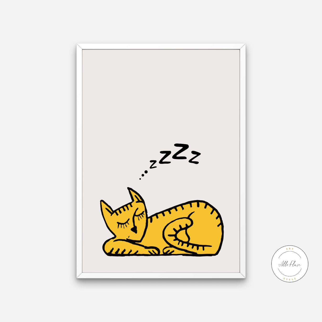 Sleeping Cat Wall Art PRINTABLE ART, Cat Artwork, Alternative Home Decor, Animal Poster, Minimalist Eclectic Decor, Beige Yellow Wall Art - AlloFlare