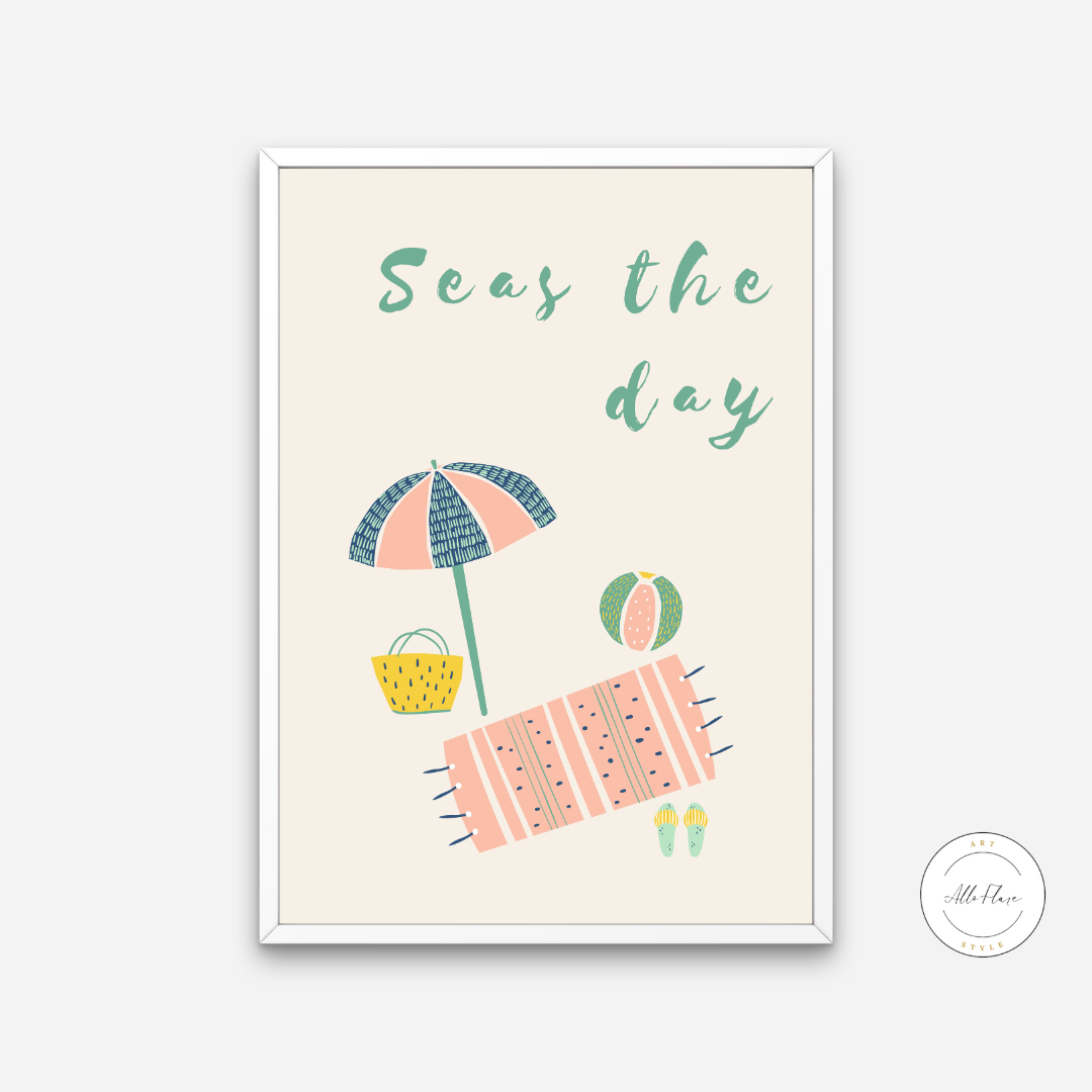 Seas The Day Beach Pastel Wall Art PRINTABLE ART, Danish Pastel, Coastal Decor, Endless Summer Posters, Beach Illustration, Inspirational Poster - AlloFlare