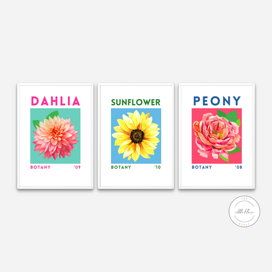 Set Of 3 Preppy Botany Flowers Posters PRINTABLE WALL ART, Neon Wall Art, Preppy Wall Decor, Colorful Botanical Wall Art, Flower Wall Decor - AlloFlare
