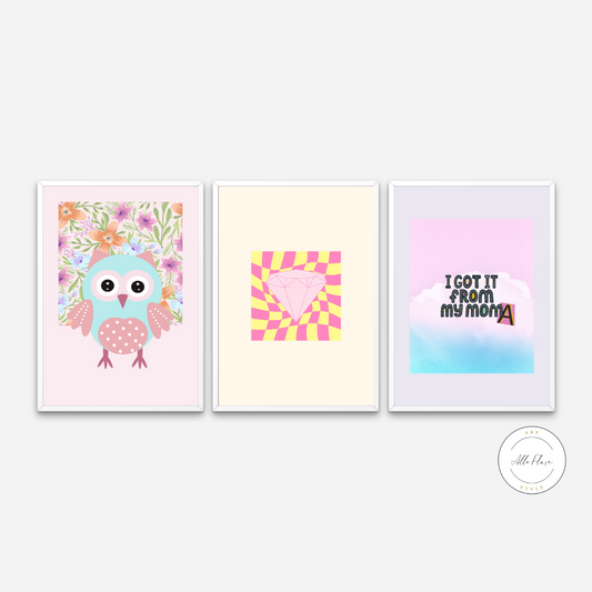 I Got It From My Moma Preppy Set of 3 Pastel Wall Art PRINTABLE ART, Wall Decor Childrens Room, Owl Print, Danish Pastel Aesthetics, Diamond Poster, Nursery