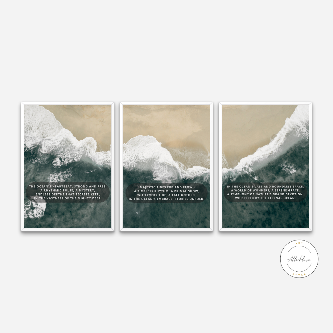 Triptych Ocean Wall Art INSTANT DOWNLOAD Art Prints, Aerial Beach Prints, Poetry Posters, Coastal Decor, Dark Green Beige Wall Art, Triptych Canvas Prints - AlloFlare