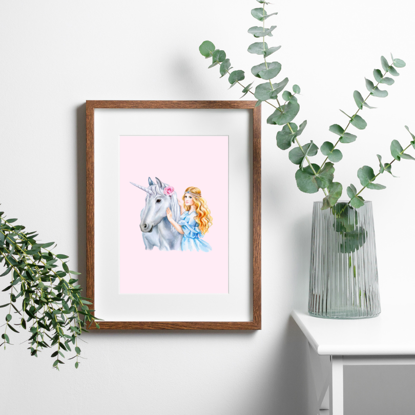 Princess and Unicorn Poster PRINTABLE ART, Light Pink Wall Art, Girls Room Wall Decor, Children Poster, Princess Art, Unicorn Wall Art