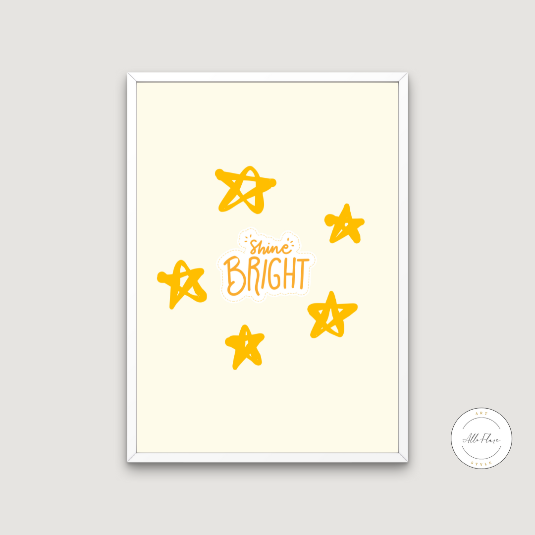 Nursery Shine Bright Stars Poster PRINTABLE ART, Yellow Wall Art, Children Poster, Nursery Room Wall Decor, Pastel Decor