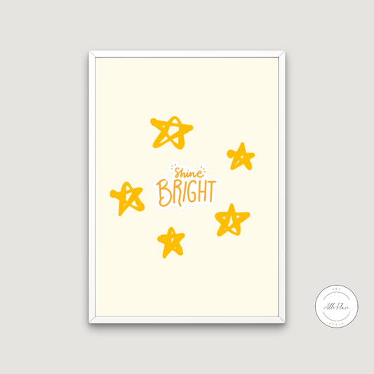 Nursery Shine Bright Stars Poster PRINTABLE ART, Yellow Wall Art, Children Poster, Nursery Room Wall Decor, Pastel Decor