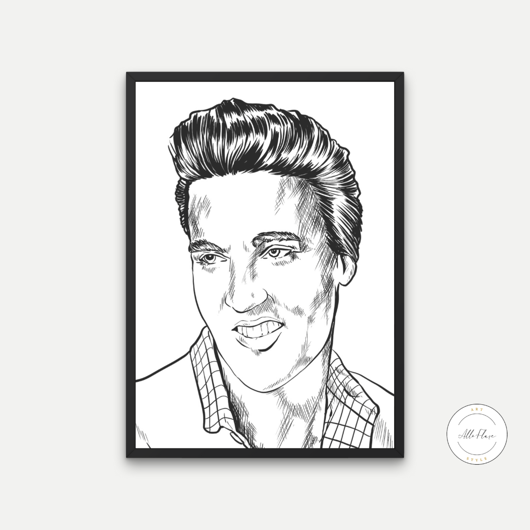 Black And White Elvis Drawing PRINTABLE WALL ART, Black And White Rock And Roll Posters, Elvis Poster, Elvis Presley Wall Art, Music Lovers - AlloFlare