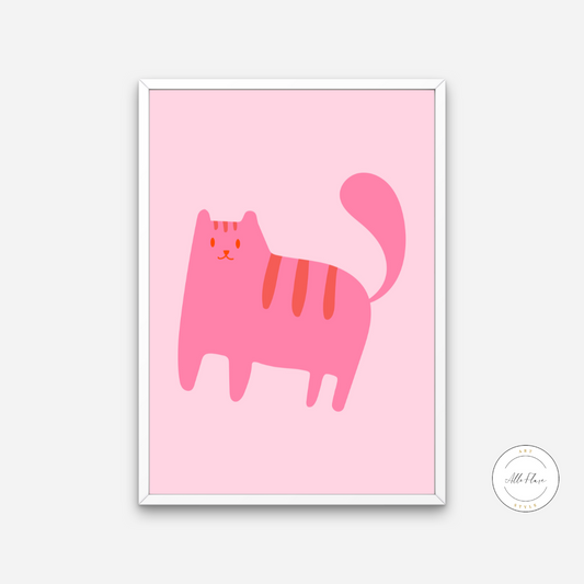 Nursery Pink Cat Poster PRINTABLE ART, Cat Drawing, Pink Wall Art, Children Poster, Nursery Decor Wall Art, Cat Print