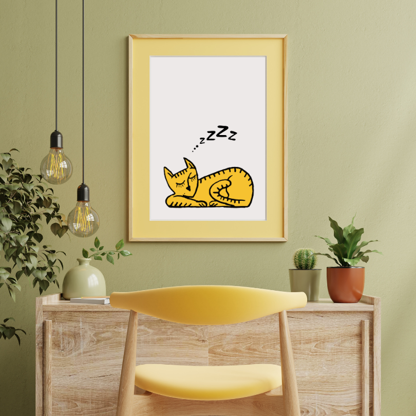 Sleeping Cat Wall Art PRINTABLE ART, Cat Artwork, Alternative Home Decor, Animal Poster, Minimalist Eclectic Decor, Beige Yellow Wall Art - AlloFlare