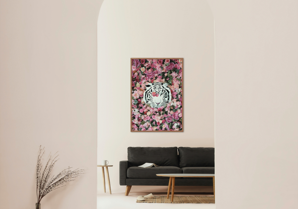 White Tiger Around Pink Roses Poster INSTANT DOWNLOAD Art Print, Glam Decor, Luxury Fashion Poster, White Tiger Poster, Pink Aesthetic Posters - AlloFlare