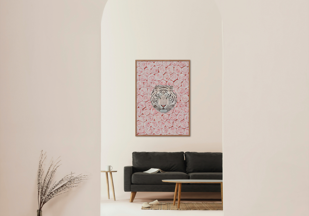 Tiger Around Pink Roses Wall Art INSTANT DOWNLOAD Art Print, Glam Decor, Luxury Fashion Poster, White Tiger Wall Art, Pink Rose Wall Art - AlloFlare