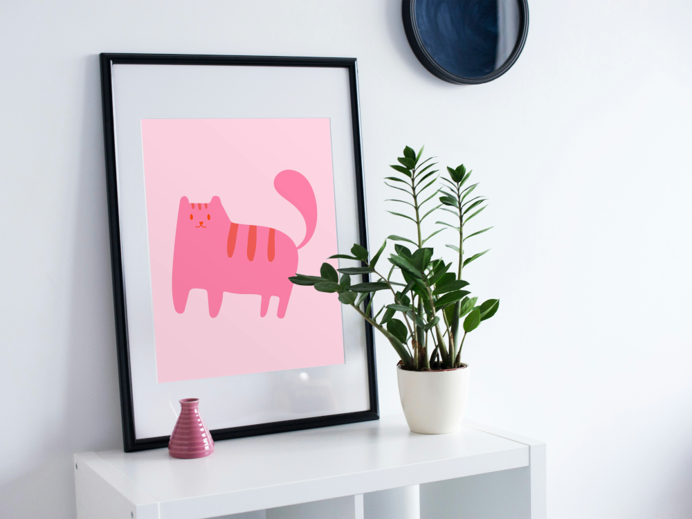 Nursery Pink Cat Poster PRINTABLE ART, Cat Drawing, Pink Wall Art, Children Poster, Nursery Decor Wall Art, Cat Print