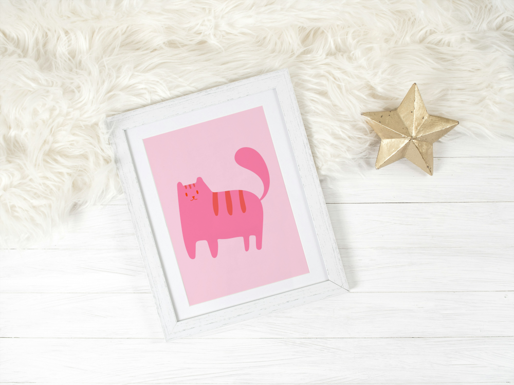 Nursery Pink Cat Poster PRINTABLE ART, Cat Drawing, Pink Wall Art, Children Poster, Nursery Decor Wall Art, Cat Print