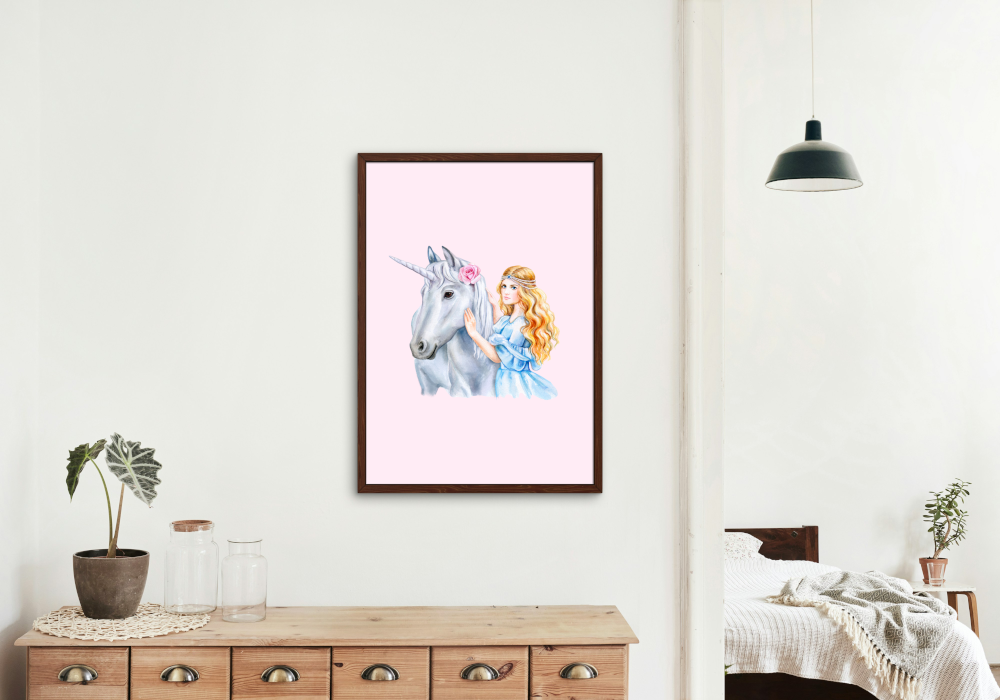 Princess and Unicorn Poster PRINTABLE ART, Light Pink Wall Art, Girls Room Wall Decor, Children Poster, Princess Art, Unicorn Wall Art