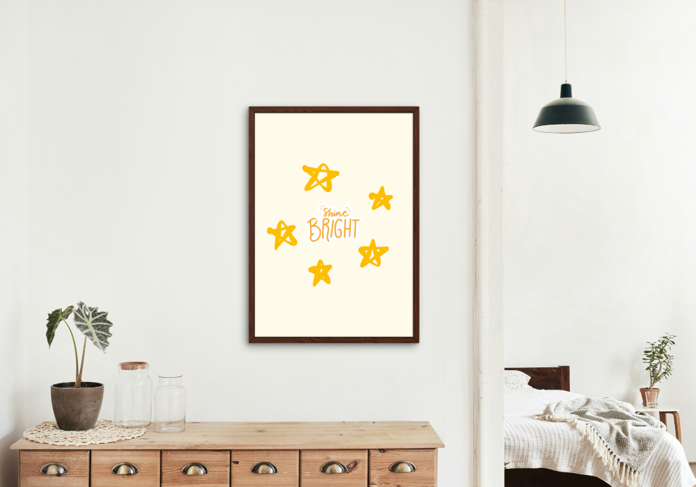 Nursery Shine Bright Stars Poster PRINTABLE ART, Yellow Wall Art, Children Poster, Nursery Room Wall Decor, Pastel Decor