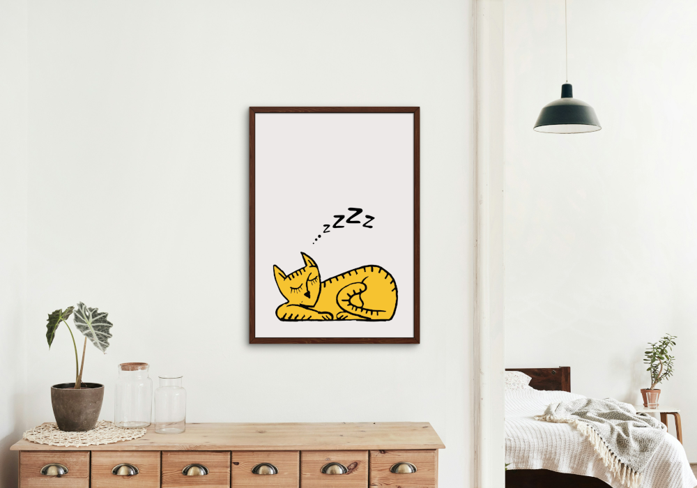 Sleeping Cat Wall Art PRINTABLE ART, Cat Artwork, Alternative Home Decor, Animal Poster, Minimalist Eclectic Decor, Beige Yellow Wall Art - AlloFlare