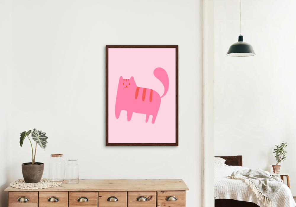 Nursery Pink Cat Poster PRINTABLE ART, Cat Drawing, Pink Wall Art, Children Poster, Nursery Decor Wall Art, Cat Print