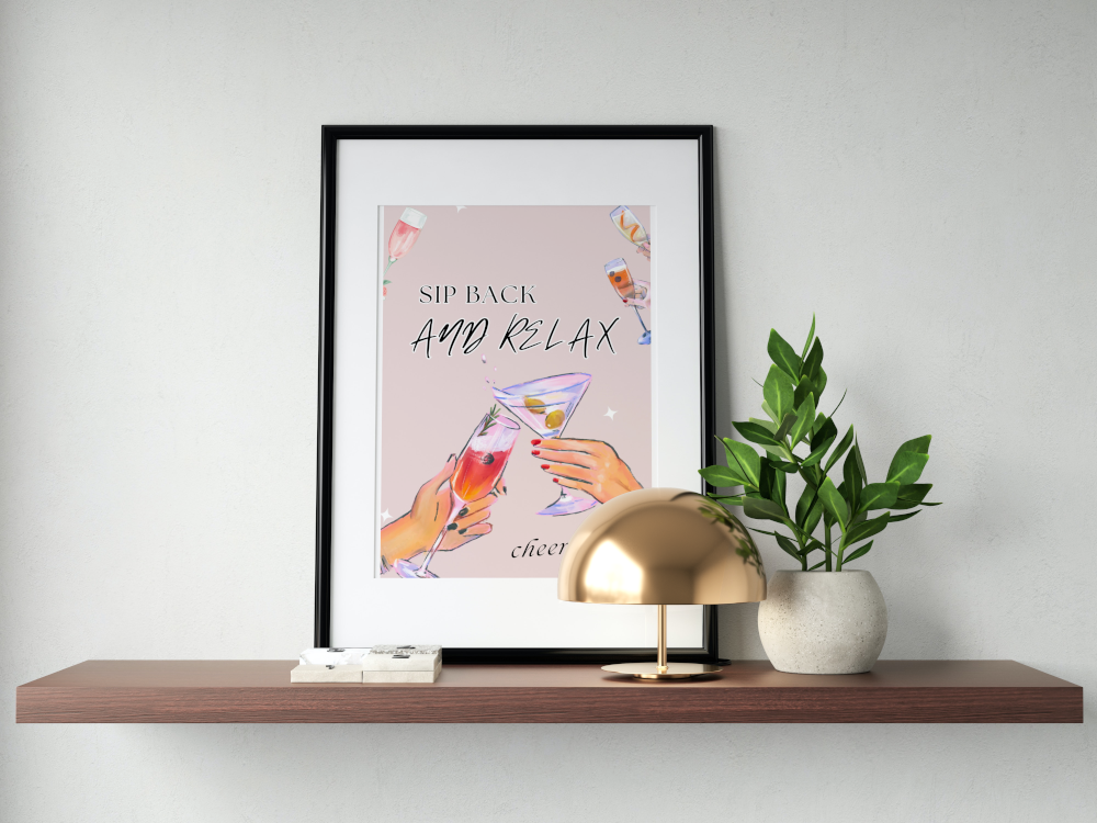 Sip Back and Relax Cocktail Poster PRINTABLE ART, College Dorm Posters, Preppy Wall Art, Bar Cart Art, Classy Academia Aesthetic, Light Pink Wall Art - AlloFlare