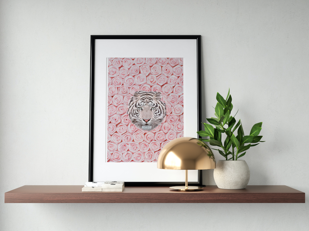 Tiger Around Pink Roses Wall Art INSTANT DOWNLOAD Art Print, Glam Decor, Luxury Fashion Poster, White Tiger Wall Art, Pink Rose Wall Art - AlloFlare